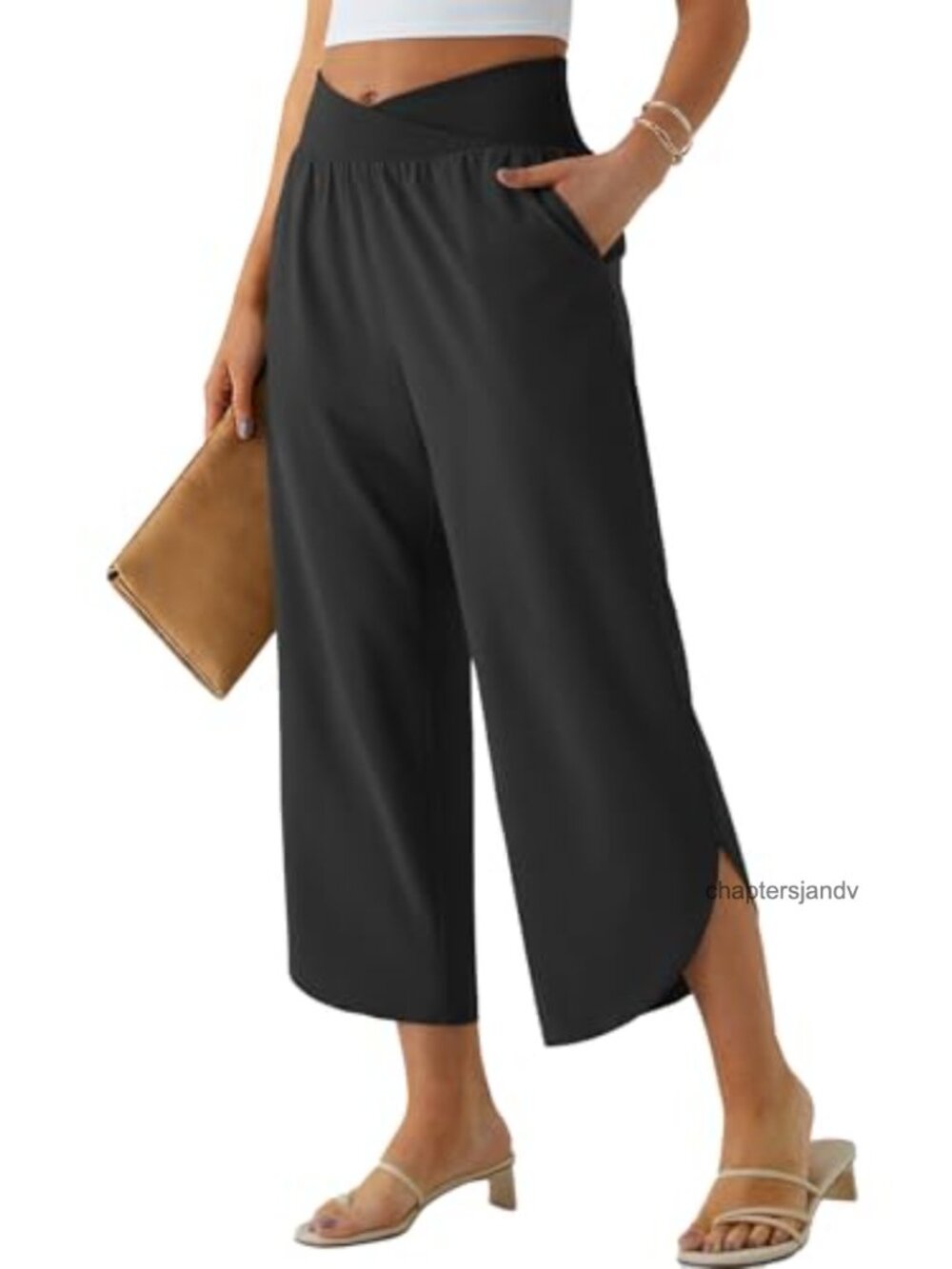 Wide Leg Capri Pants High Waist Crossover Palazzo Slacks with Pockets